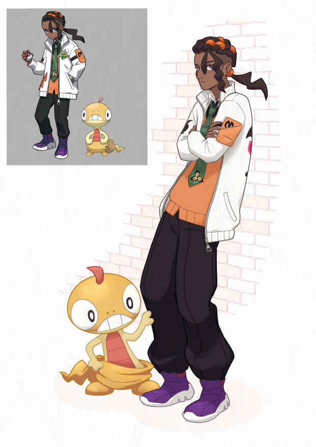 Naveen and Scraggy (fullbody + partner Pokemon, coloured lineart with full rendering)