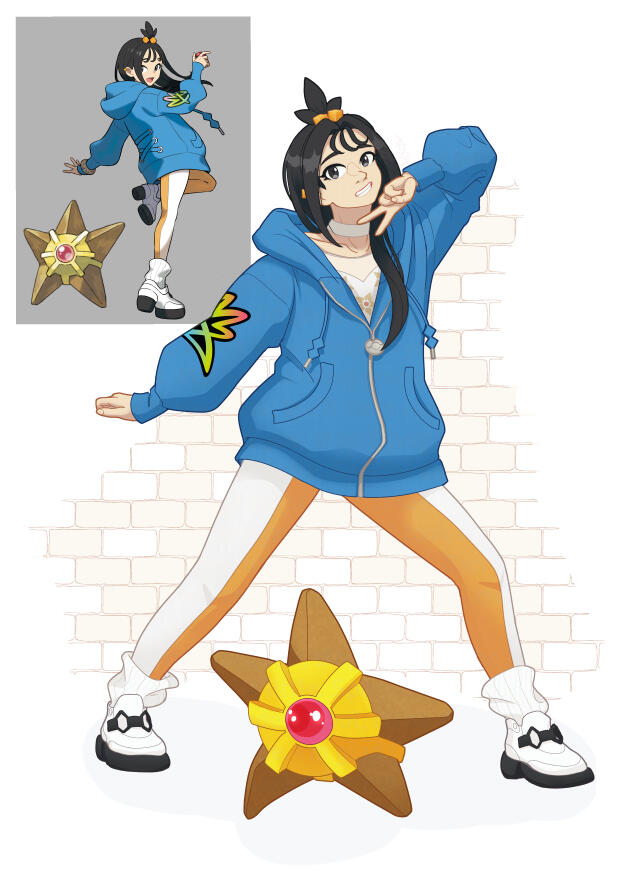 Lida and Staryu (fullbody + partner Pokemon, coloured lineart with full rendering)